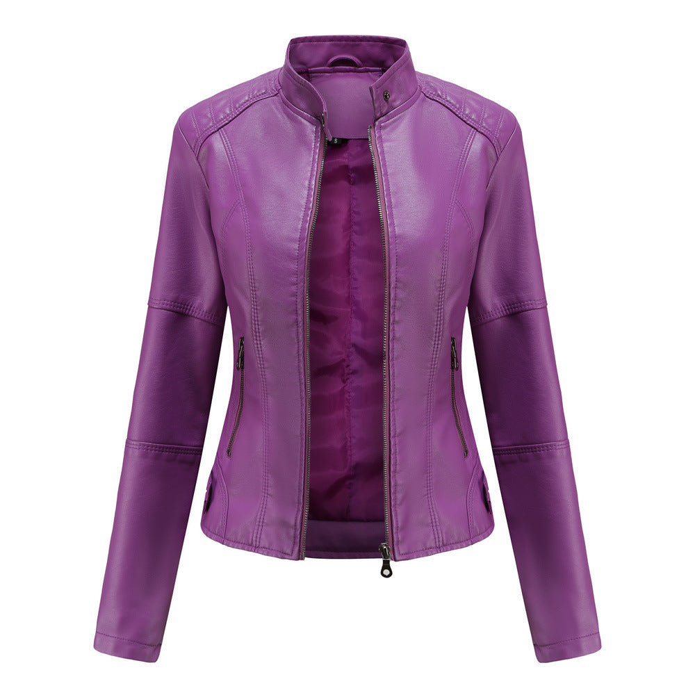 PU Leather Solid Color Stand Collar Women's Zipper Biker Jacket