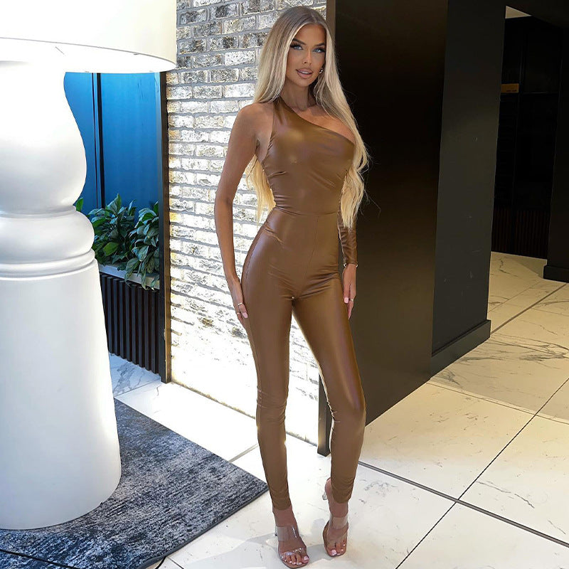 Brown Asymmetrical One Sleeve Women's Hollow-Out PU Leather Skin Tight Jumpsuit