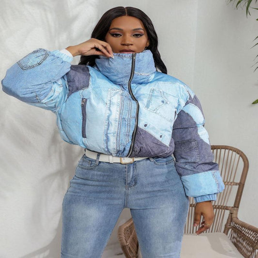 Denim-On-Denim 3D Mock Jean Colorblock Print Cotton Hip-Hop Streetwear Women's  Zipper Puffer Jacket