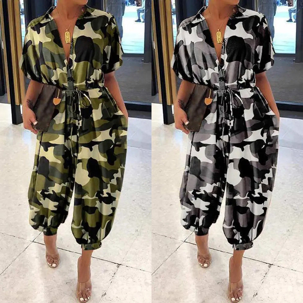 Camoflauge Print Button-Up Women's Turn-Down Collar Short Sleeve Harem Pants Jumpsuit