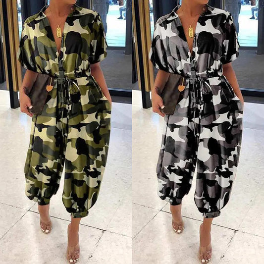 Camoflauge Print Button-Up Women's Turn-Down Collar Short Sleeve Harem Pants Jumpsuit