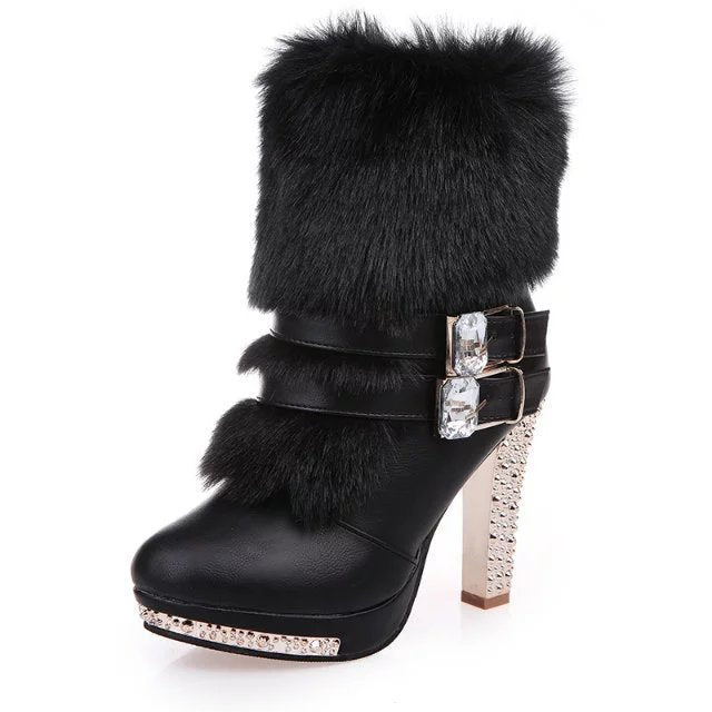 Rhinestone Embellished Faux Fur/Leather Chunky Stiletto Heel Women's Ankle Boots