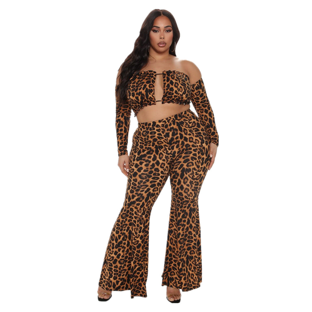 Leopard Print Sleeveless Hollow-Out Long Sleeve Crop Top + Wide Flared Leg Leggings Women's 2-Piece Set