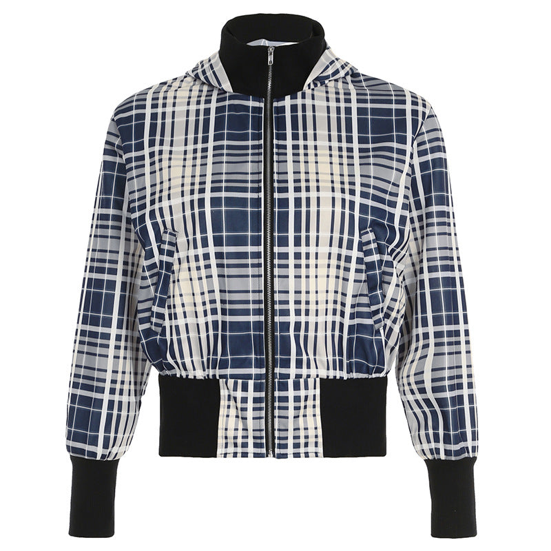 American High Street Ins Style Contrast Color Check Waist-tight Jacket