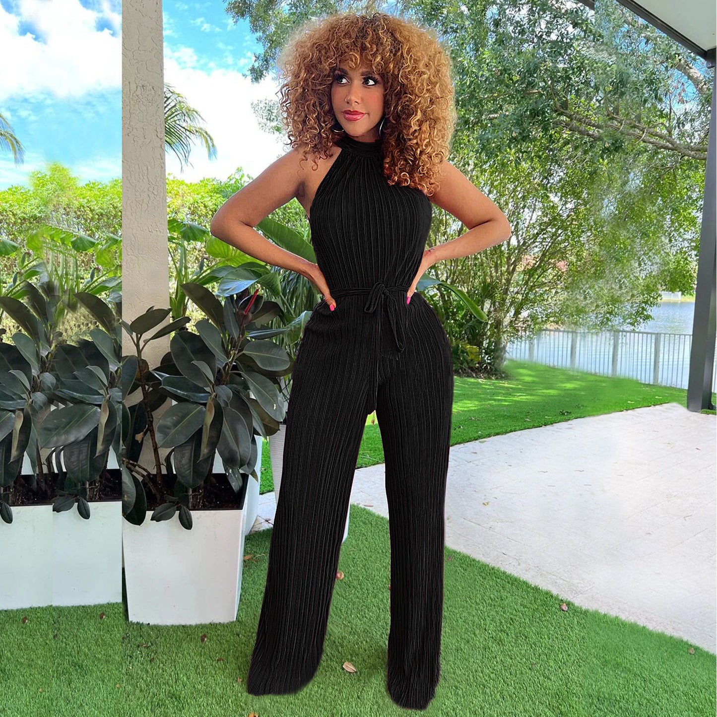 Ribbed Pattern Pleated Women's Lace-Up Solid Color Jumpsuit
