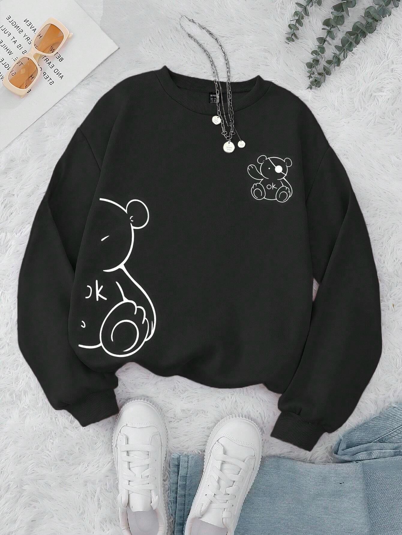 Teddy Bear Print Women's Long Sleeve O-Neck Sweatshirt