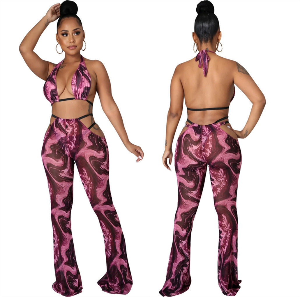 Swirl Print Hollow-Out Women's Thong Bikini Swimsuit w/ Matching Leggings 3-Piece Set