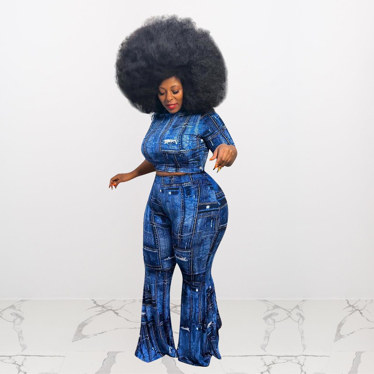 Faux Denim Geometric  Colorblock Print Women's Short Sleeve Crop Top + Skin Tight Leggings 2-Piece Set to 4X Plus Size