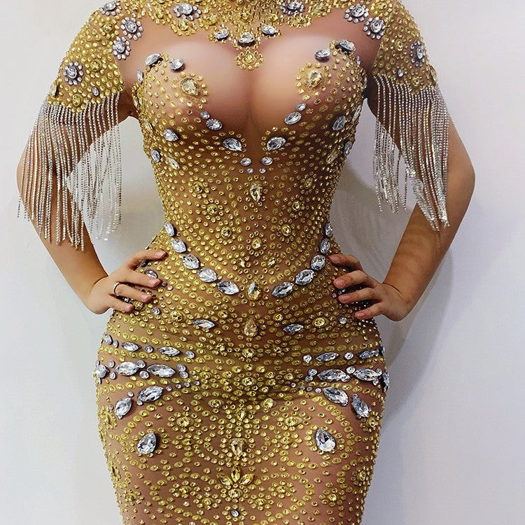 Mesh Catwalk Crystal Rhinestone Tassel Fringe Embellished Stretch Formal Dress