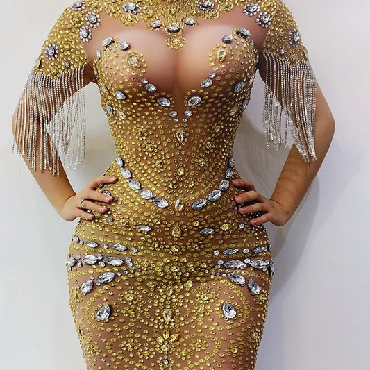 Mesh Catwalk Crystal Rhinestone Tassel Fringe Embellished Stretch Formal Dress