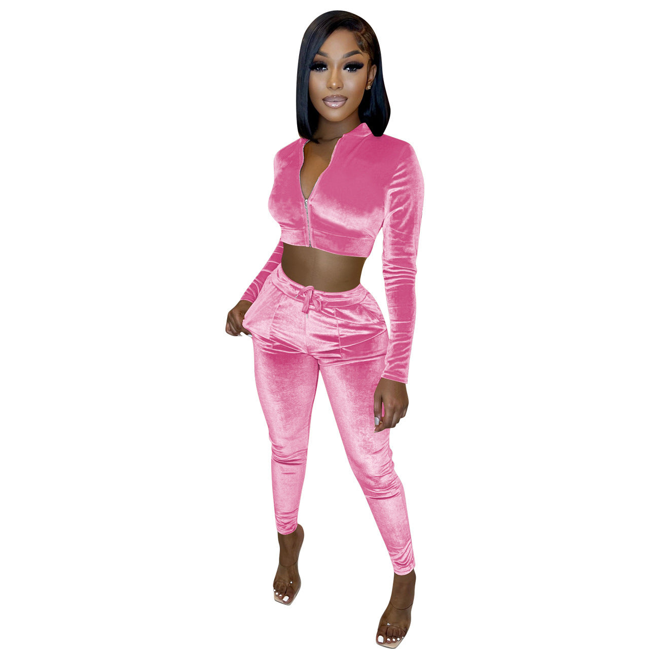 Velvet Solid Color Cropped Zipper Jacket + Drawstring Sweatpants Women's Tracksuit