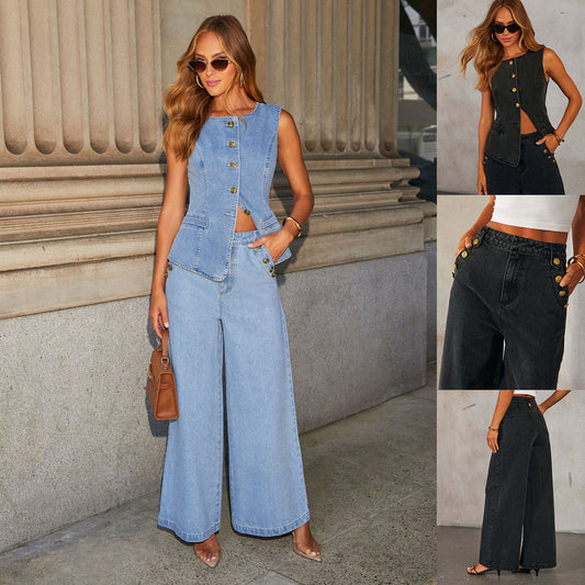 Denim Light Blue/Black Sleeveless Gold Button Detail Women's Jean Vest + Wide Leg Straight Jeans 2-Piece Set