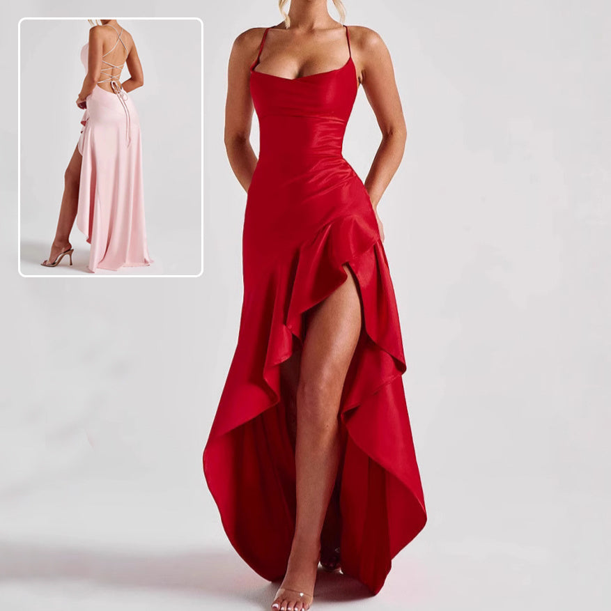 Backless Ruffled Irregular High Slit Solid Color Maxi Formal Party Dress