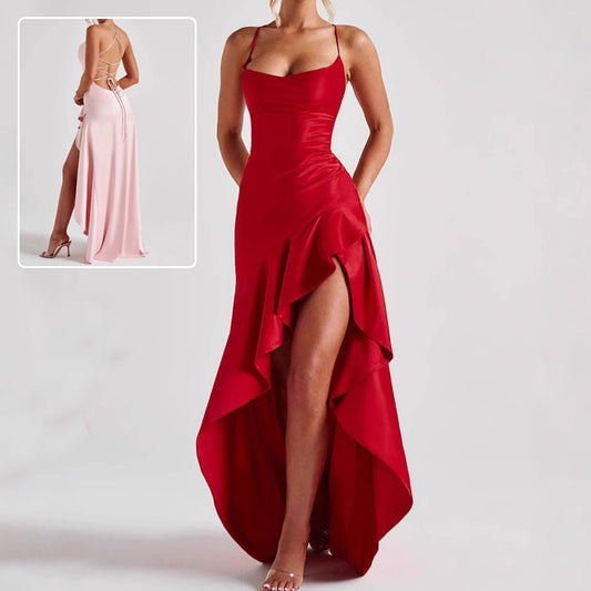 Backless Ruffled Irregular High Slit Solid Color Maxi Formal Party Dress