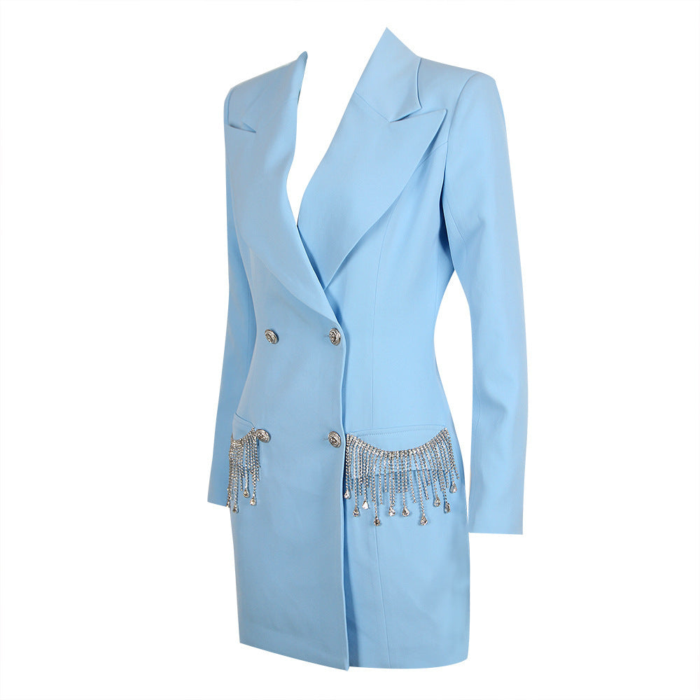 Baby Blue Silver Metallic Tassel Fringe Design Double Breasted Long Sleeve Formal Blazer Dress