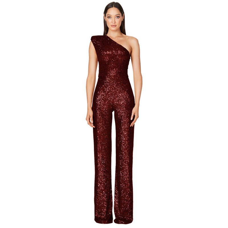 Sequin Sleeveless Sparkling Glitter Asymmetrical One Shoulder Women's Jumpsuit