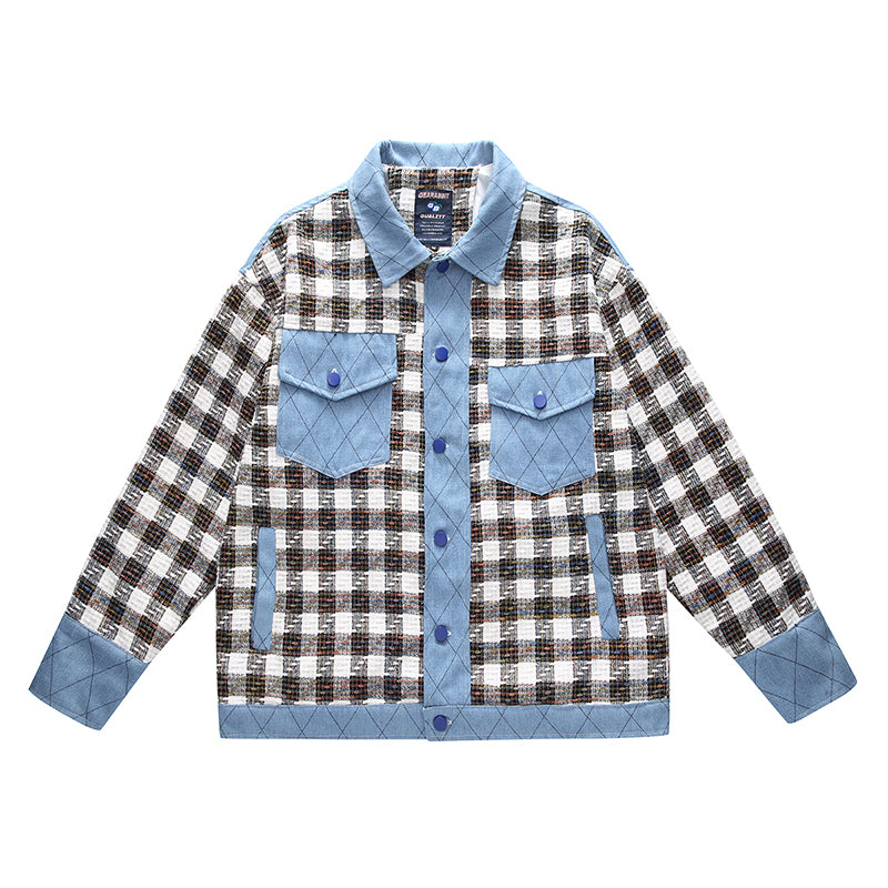 Men's Denim "Original Plaid Checker Colorblock Button-Up Letter Print Jean Jacket