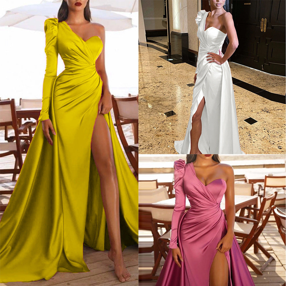 Satin Asymmetrical One Shoulder Long Puff Sleeve High Slit Solid Color Formal Maxi Party/Prom Dress to 3X Plus Size