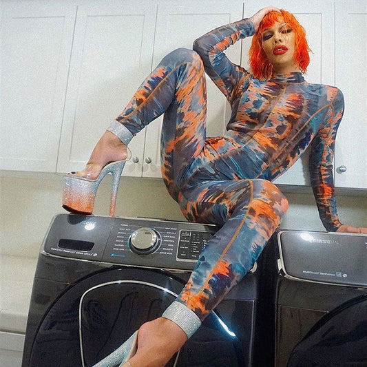 Geometric Multi-Colored Print Mock Neck Long Sleeve Skinny Jumpsuit
