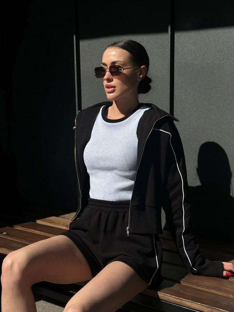 Striped Women's Zipper Sport Jacket + Elastic Shorts Two-Piece Set