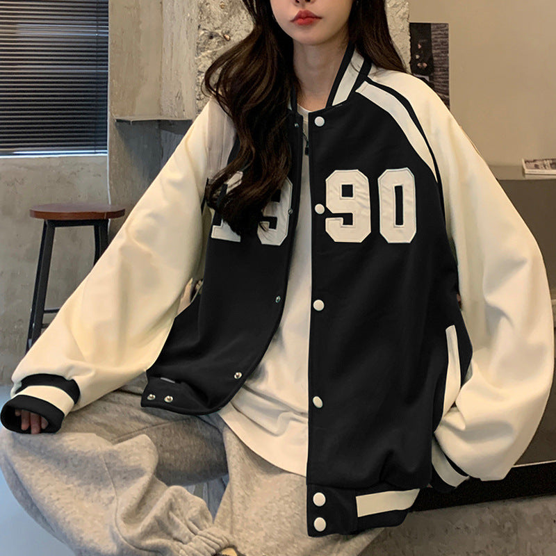 "1990" Printed Hip-Hop Colorblock Button-Up Women's Varsity Bomber Jacket