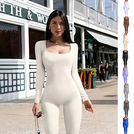 Solid Color Yoga Workout Long Sleeve Square Collar Gym Jumpsuit to 3X