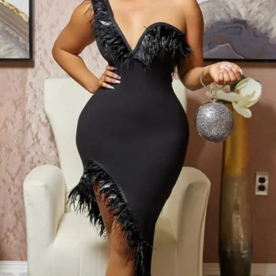 Asymmetrical One Shoulder Feather Design V-Neck Sleeveless Irregular Formal Midi Dress