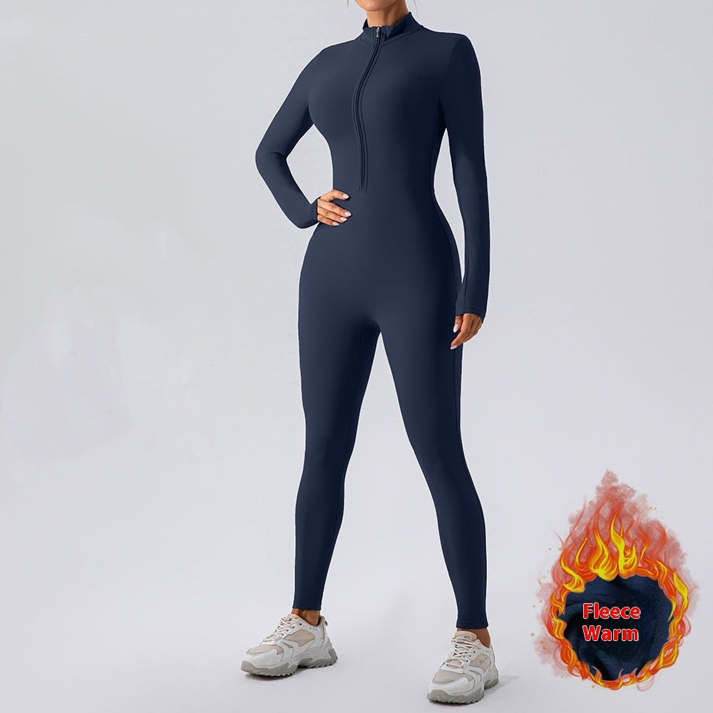 Fleece Lined Yoga Long Sleeve Fitness Zipper Skinny Jumpsuit