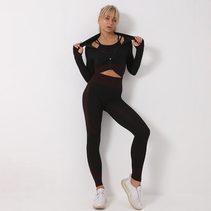Yoga Gym Colorblock Seamless Sports Bra + Zipper Crop Jacket + Women's Workout Leggings 3-Piece Tracksuit to 4X Plus Size