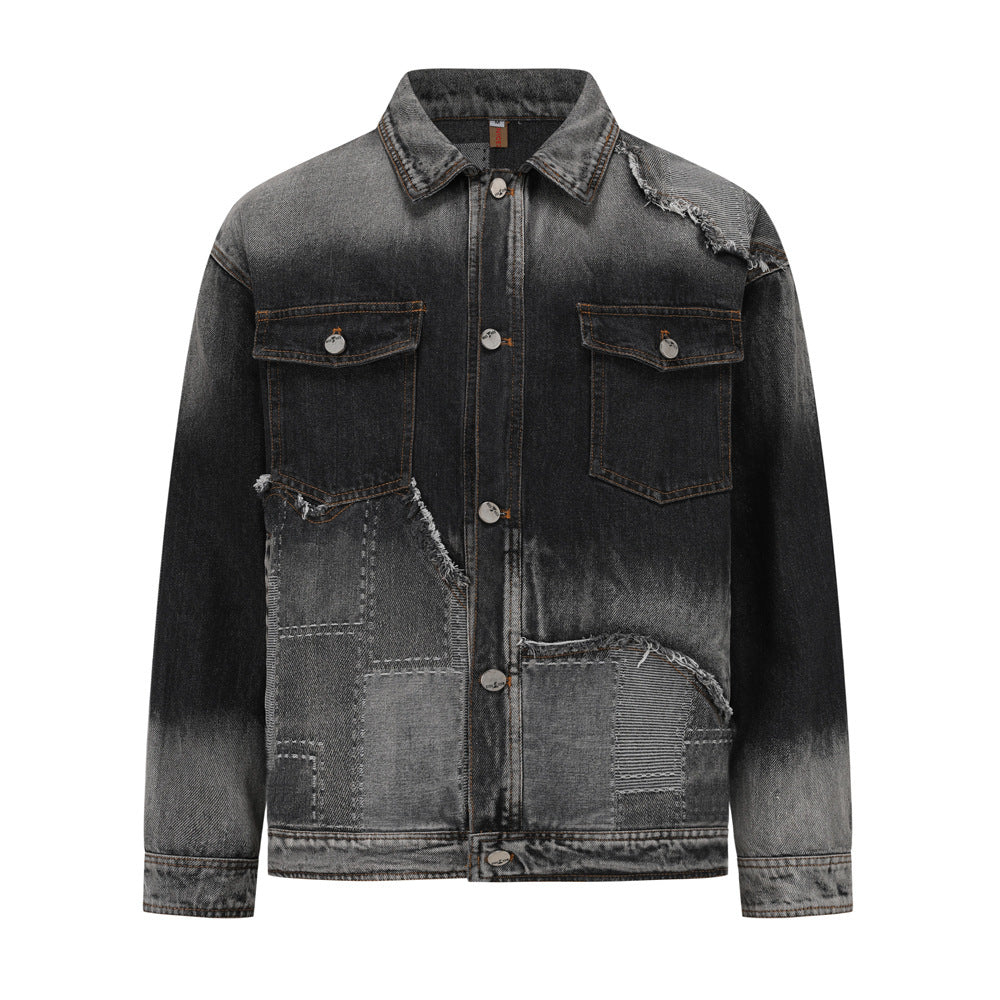 Men's Washed Denim Ripped Gradient Colorblock  Button Front Jean Jacket