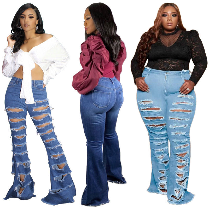 Denim Ripped Torn Hollow-Out Fringe Design Women's Jeans to 5X Plus Size