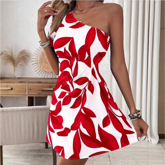 Asymmetrical One Shoulder Red/White Flower Print Mini Dress