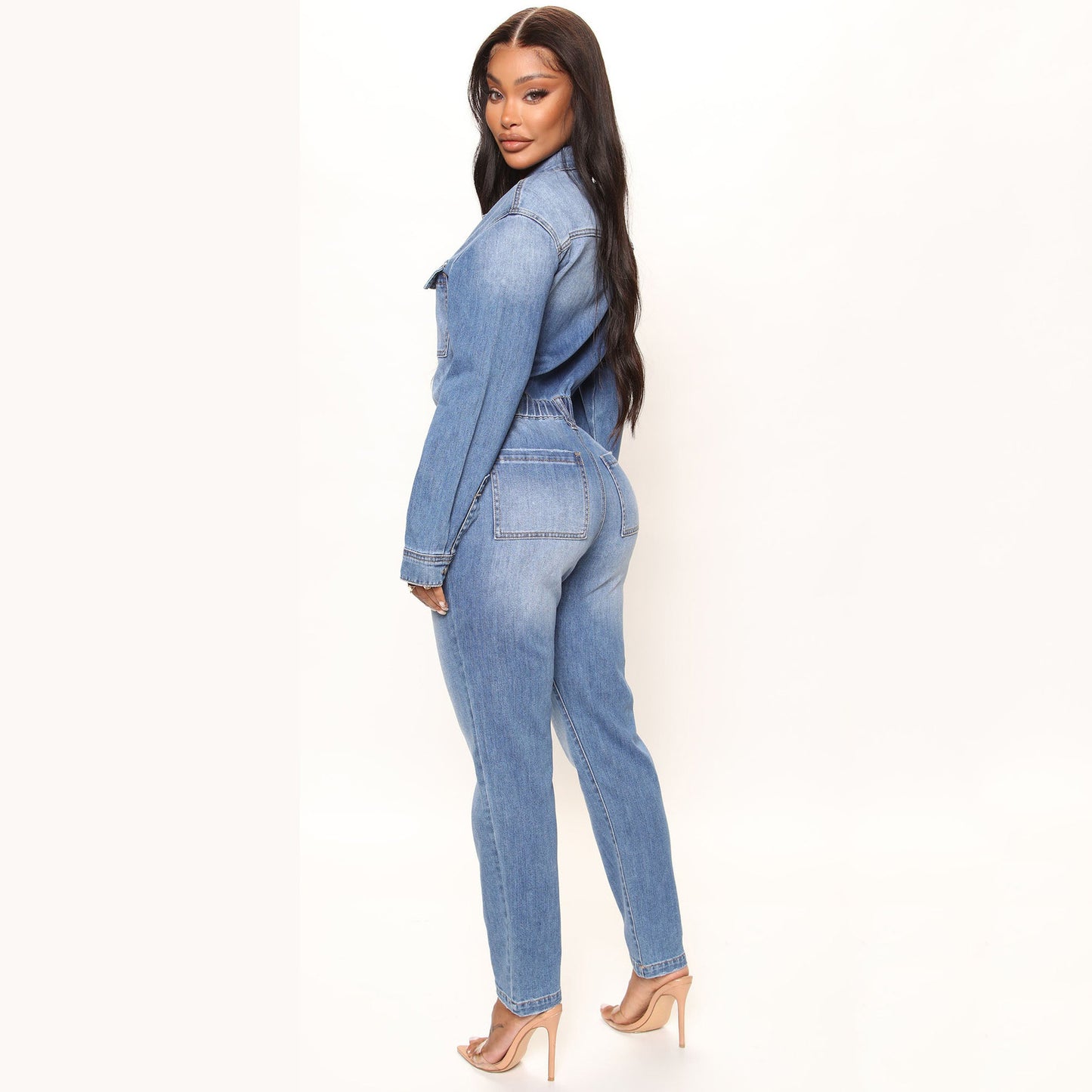 Denim Light Blue Gradient Faded Washed Button-Up Long Sleeve Elastic Waist Women's Jeans Jumpsuit