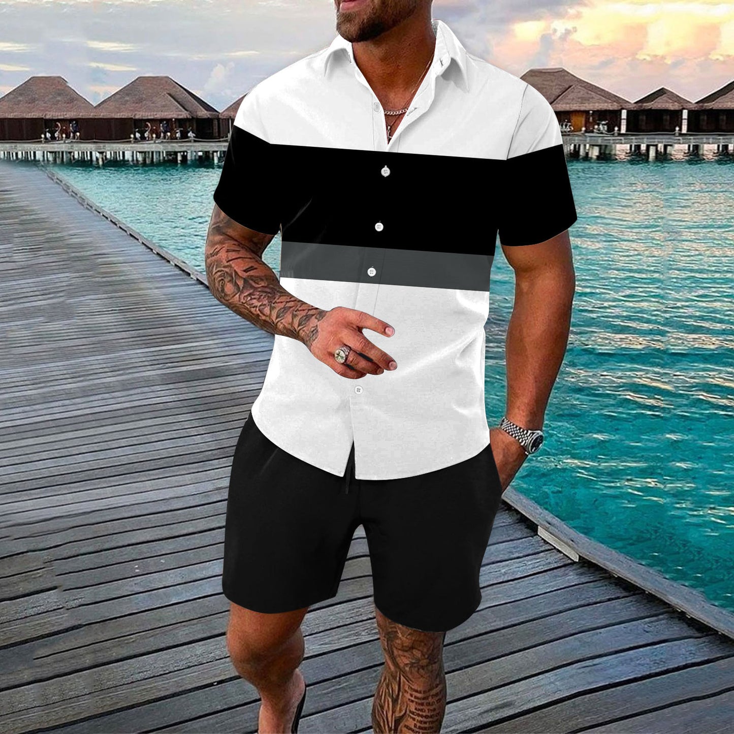 Men's Turn-Down Collar Colorblock Striped Button-Up Polo Shirt + Shorts 2-Piece Set