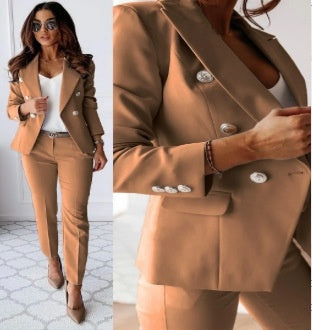 Double Breasted Button-Up Women's Blazer Jacket + Skinny Trouser Pants Women's Office Business Suit