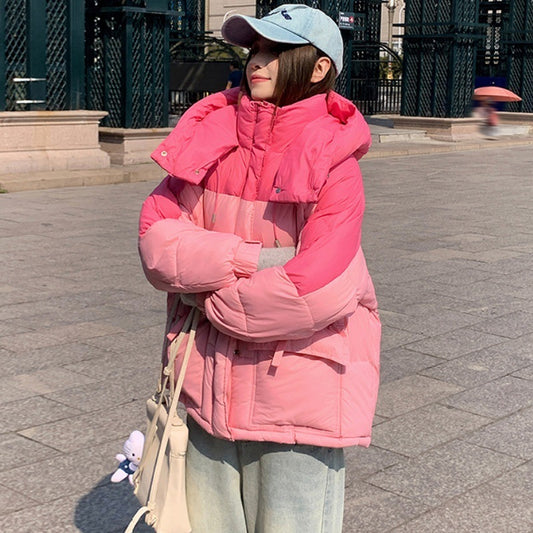 Quilted Oversized Colorblock Cotton Down Women's Puffer Hoodie Jacket