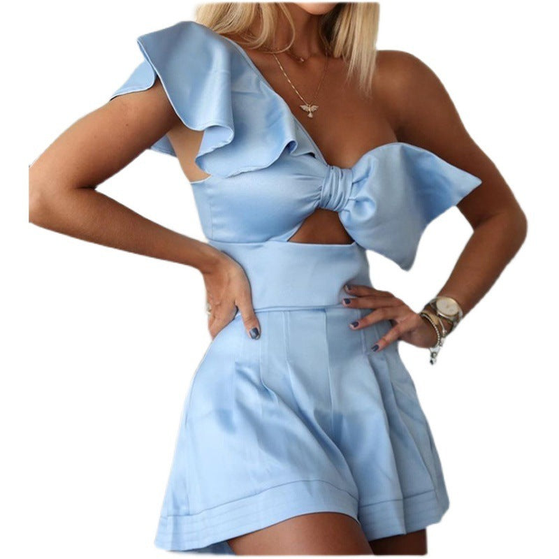 Ruffled Big Bow Design One Shoulder Asymmetrical Hollow-Out One Piece Shorts Romper