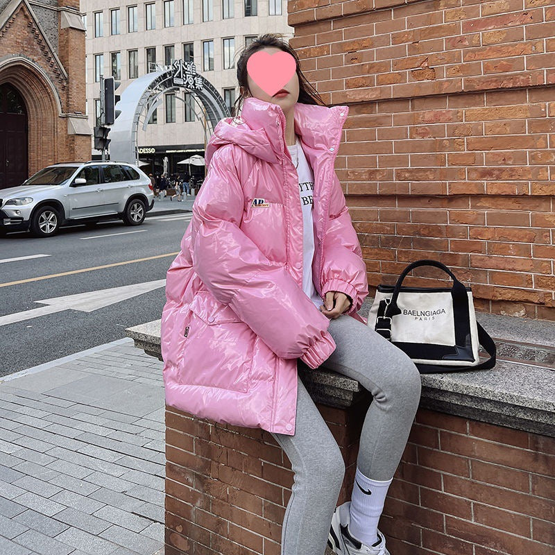 Pink Glossy Down Cotton-padded Jacket Women's Mid-length New