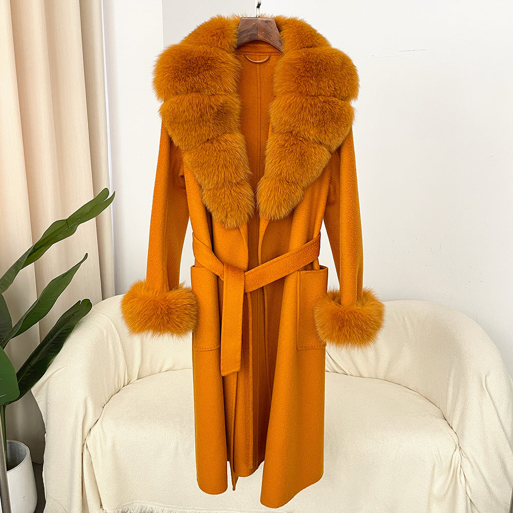 Oversized Fur Collar Double Sided Water Ripple Wool Women's Trenchcoat