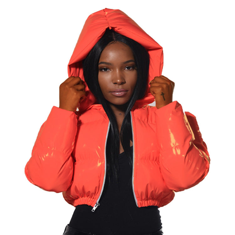 Glossy Hip-Hop Faux Leather Cropped Women's Down Cotton Puffer Hoodie Jacket