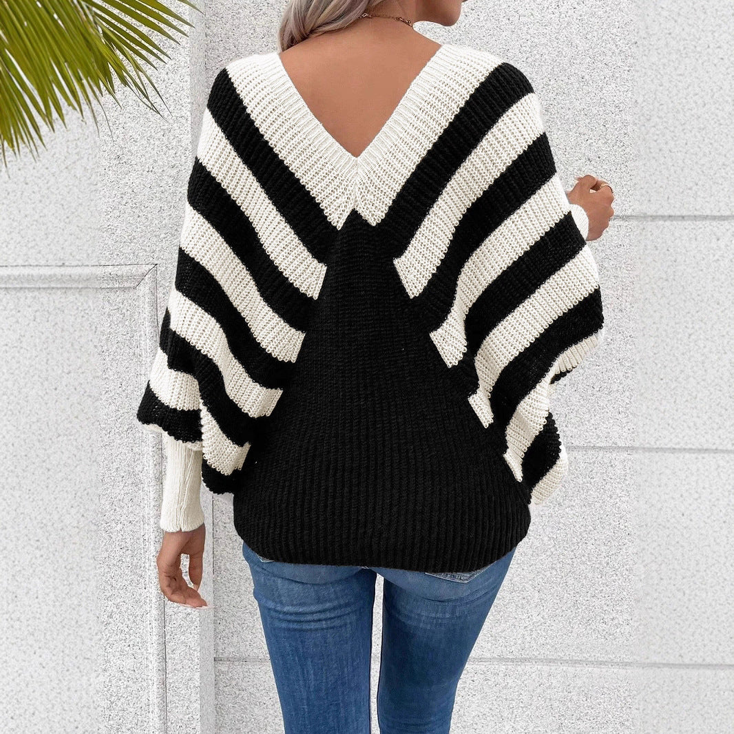 Off-the-Shoulder Black/White Diagnol Striped Contrast Color V-Neck Long Sleeve Knitted Women's Sweater to 5X Plus Size