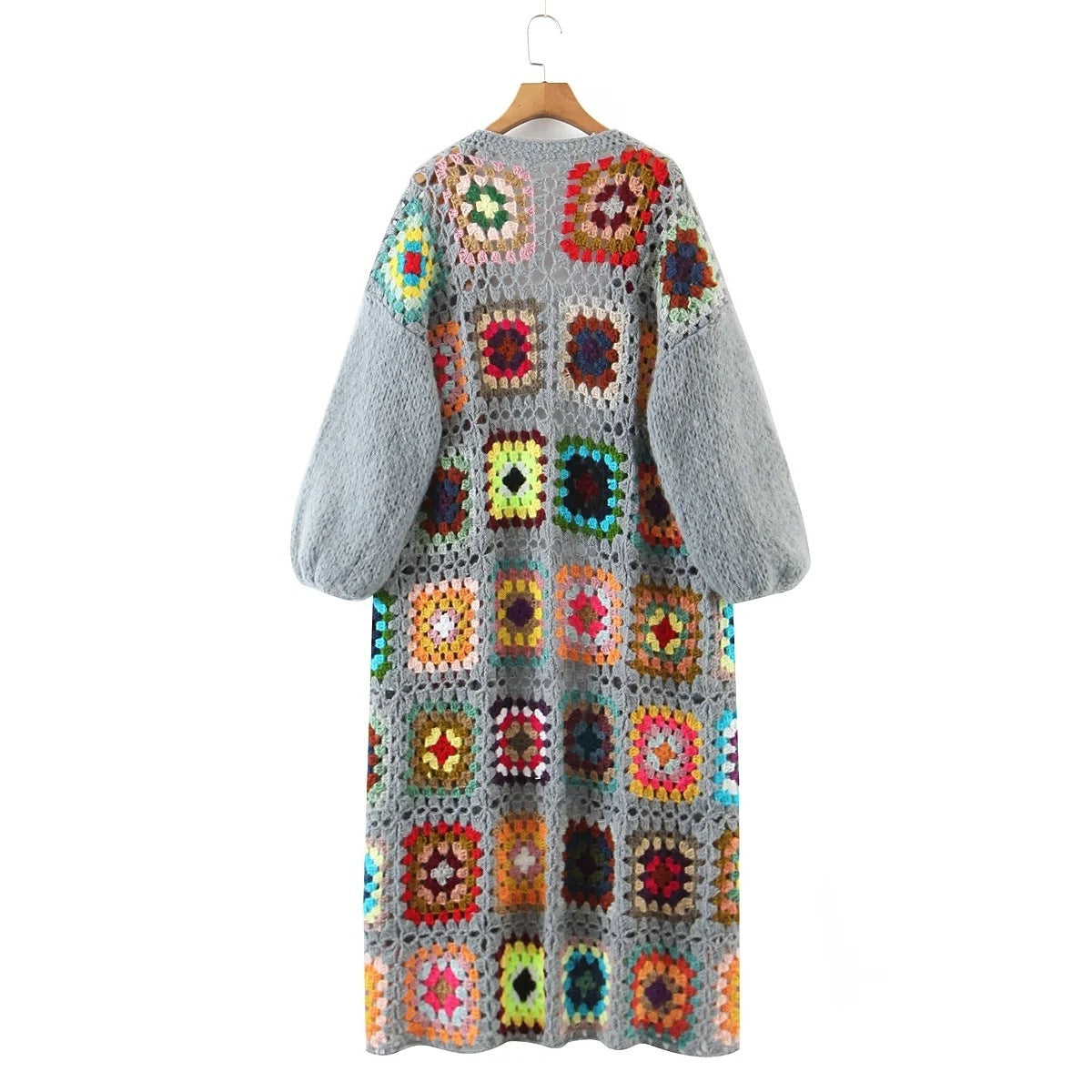 Crochet Floral Geometric Plaid Colorblock Pattern Women's Lantern Sleeve O-Neck Maxi Cardigan Sweater