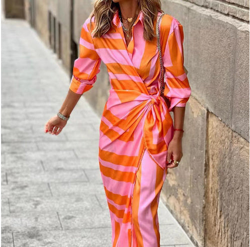 Striped Colorblock Floral Geometric Turn-Down Collar 3/4 Length Long Sleeve Maxi Dress w/ Sash Belt
