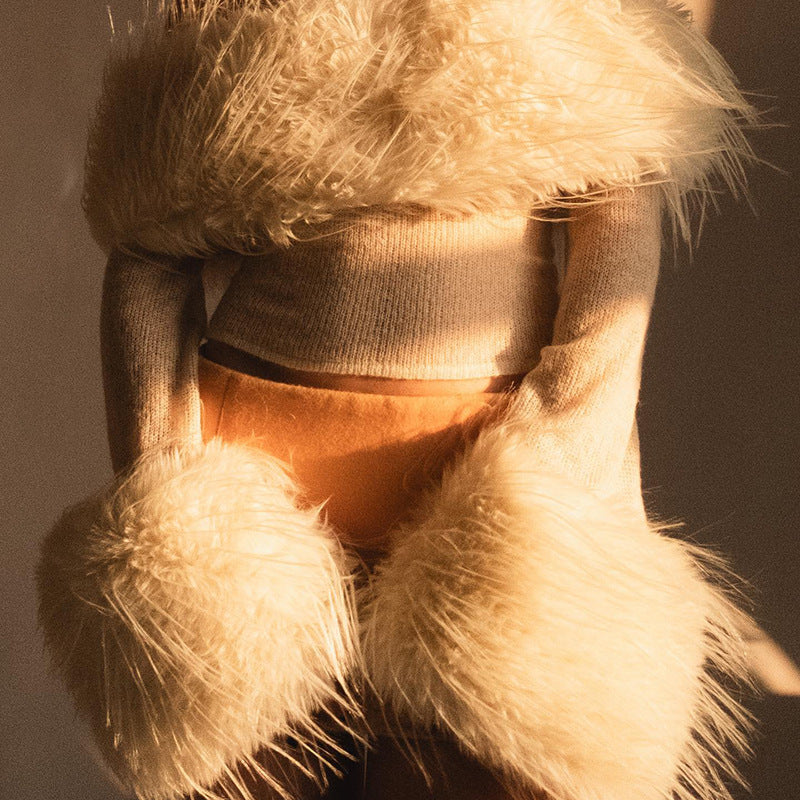 Knitted Faux Fur Collar Solid Color Off-the-Shoulder Long Furry Sleeve Women's Sweater