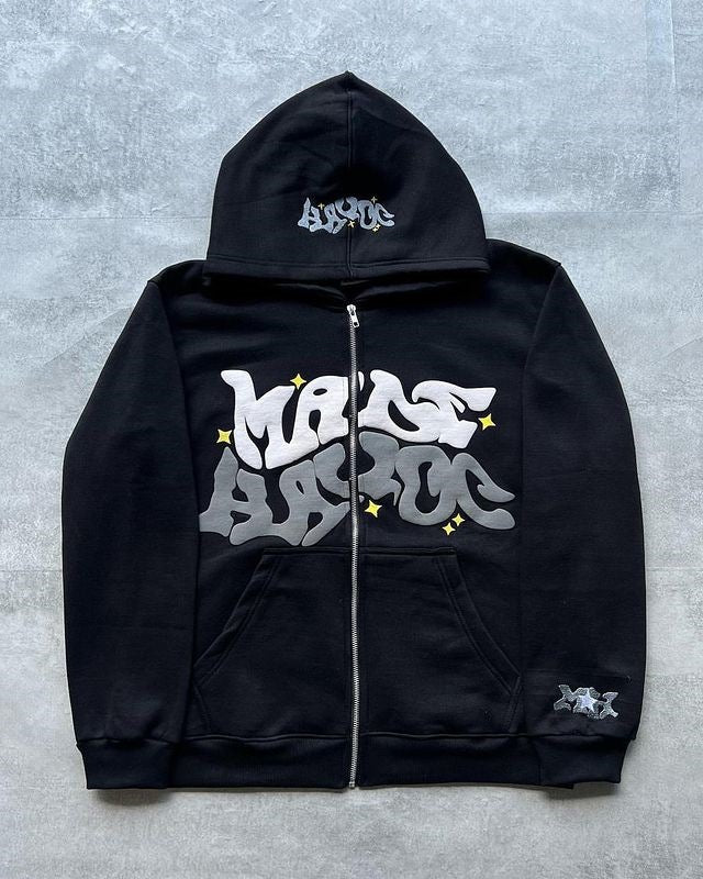 Men's Squiggly Letter Print Zipper Hoodie Sweatshirt