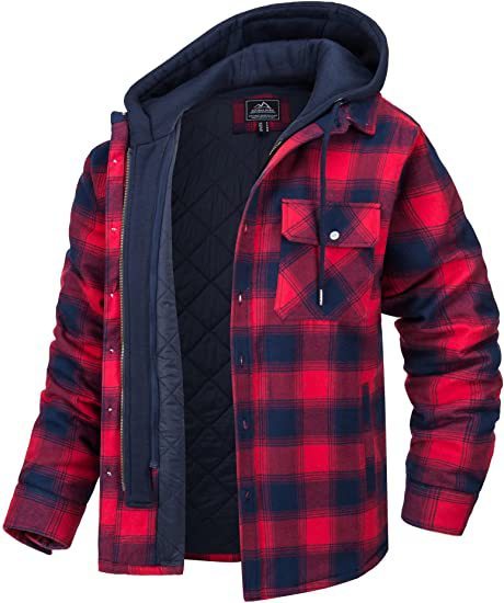 Men's Plaid Pocketed Button Thick Padded Drawstring Layered Zipper Hoodie Jacket