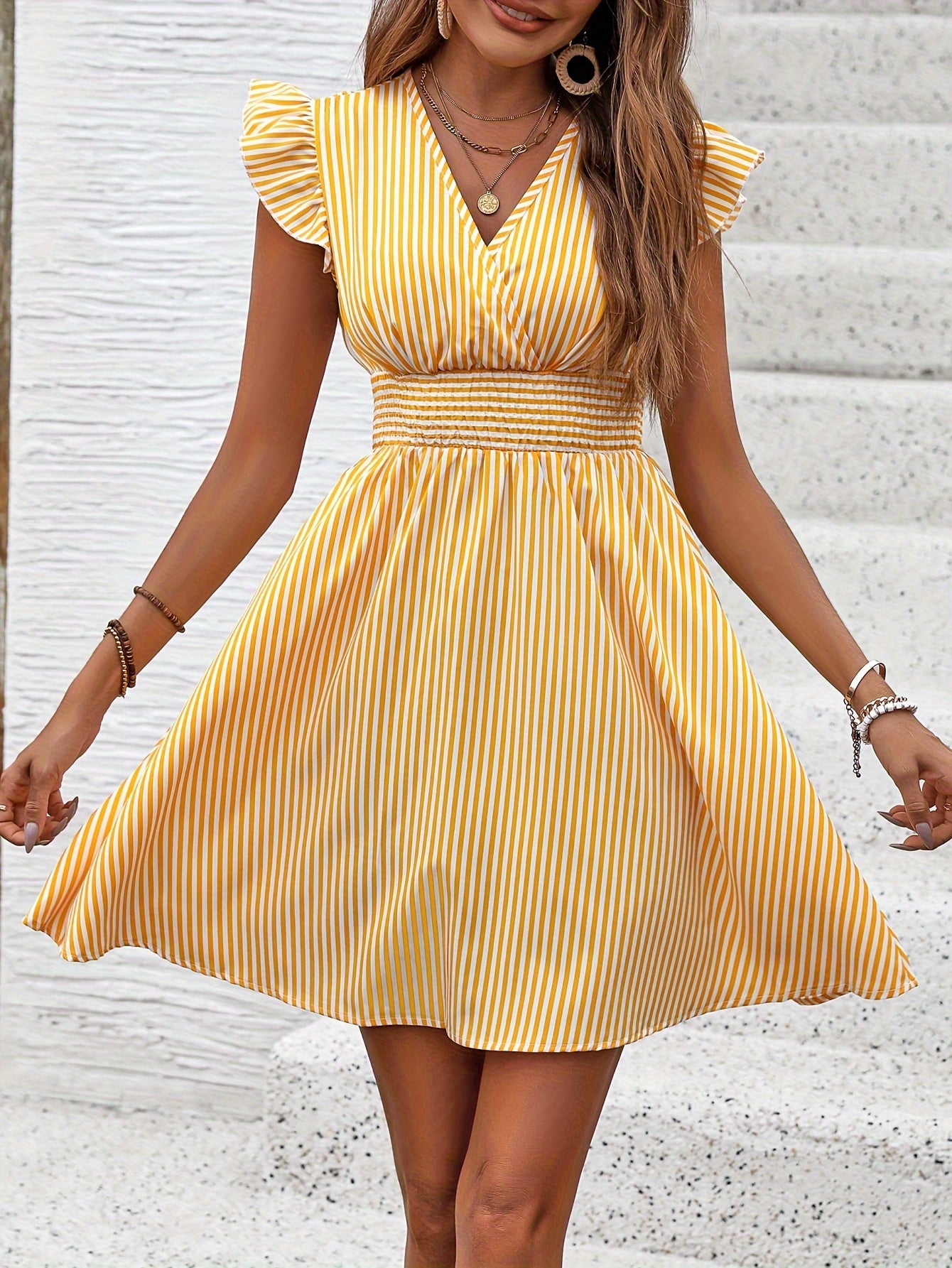 Striped Sleeveless V-Neck Elastic Waist Flared Midi Dress