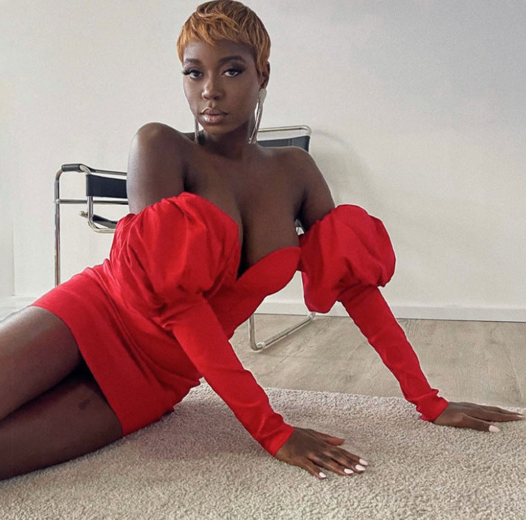 Red Off-the-Shoulder Deep V-Neck Ruched Puff Sleeve Corset Top Formal Mini Dress
