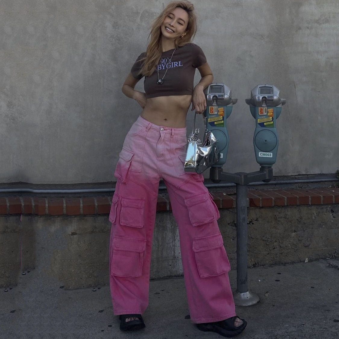 Denim Light Pink/Hot Pink 2-Tone Colorblock Women's Multi-Pocketed Wide Leg Cargo Jeans