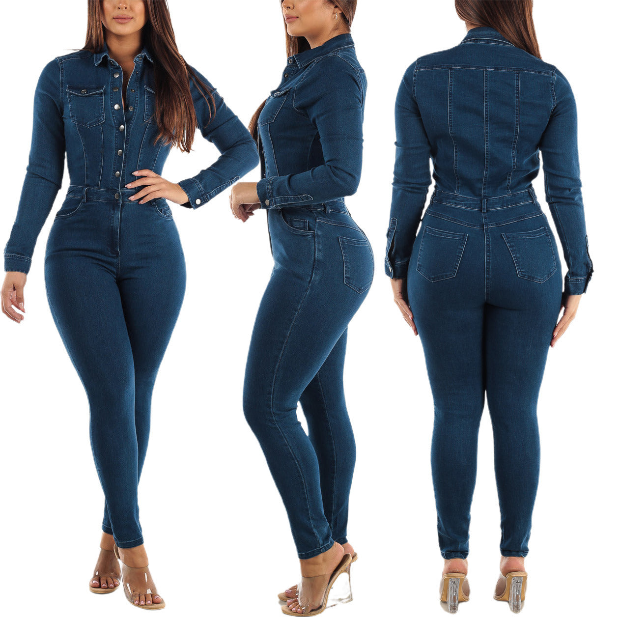 Blue Denim Washed Turn-Down Collar Button-Up Women's Long Sleeve Skinny Jean Jumpsuit to 3X Plus Size